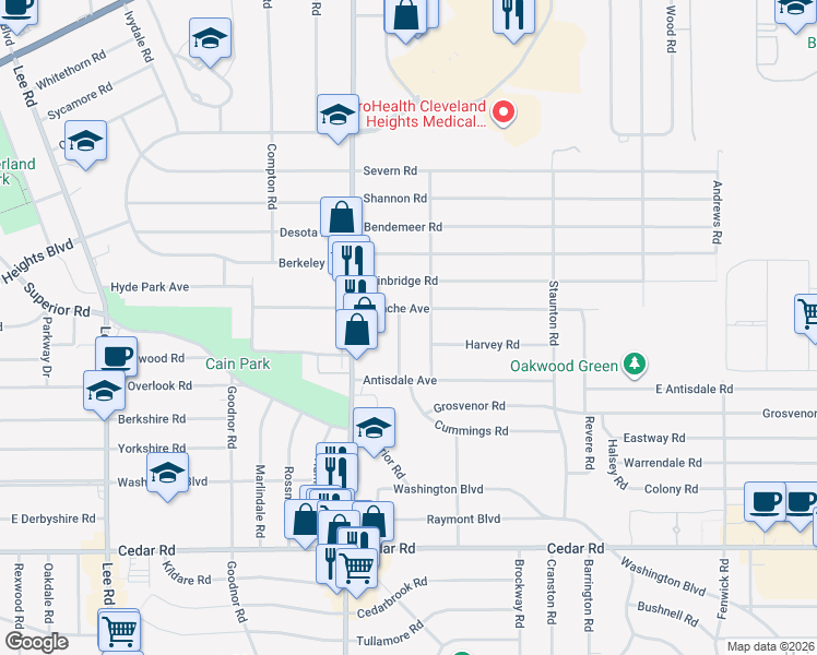 map of restaurants, bars, coffee shops, grocery stores, and more near 3524 Blanche Avenue in Cleveland Heights