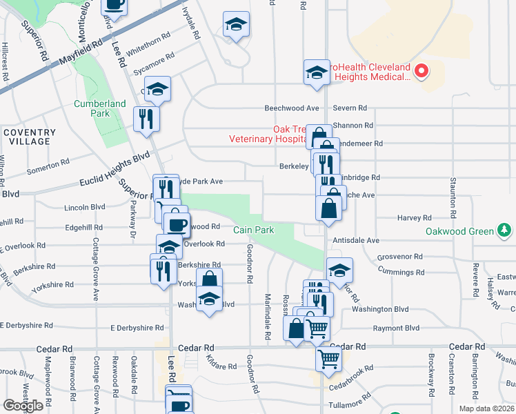 map of restaurants, bars, coffee shops, grocery stores, and more near 1895 South Compton Road in Cleveland Heights