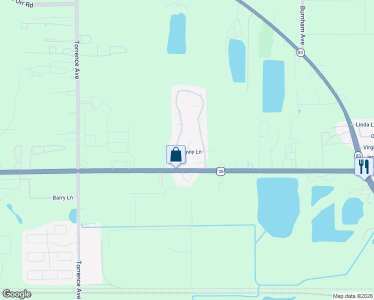 map of restaurants, bars, coffee shops, grocery stores, and more near 1 Penny Lane in Chicago Heights