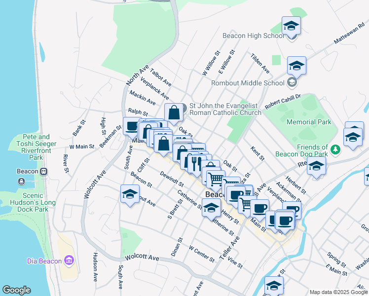 map of restaurants, bars, coffee shops, grocery stores, and more near 14 Church Street in Beacon