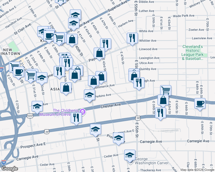 map of restaurants, bars, coffee shops, grocery stores, and more near East 43rd Street in Cleveland