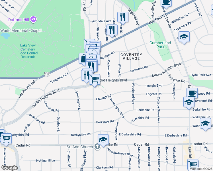 map of restaurants, bars, coffee shops, grocery stores, and more near 2843 Washington Boulevard in Cleveland Heights