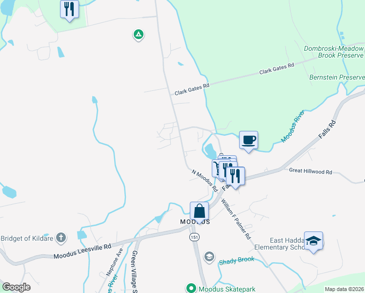 map of restaurants, bars, coffee shops, grocery stores, and more near 31 North Moodus Road in East Haddam