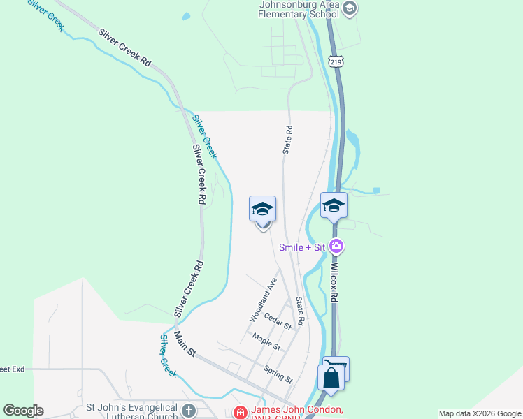 map of restaurants, bars, coffee shops, grocery stores, and more near 315 High School Road in Johnsonburg
