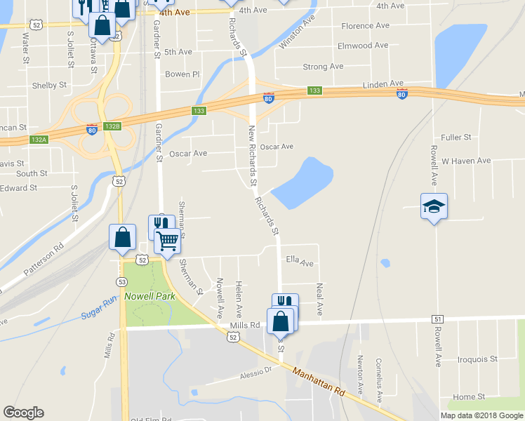 map of restaurants, bars, coffee shops, grocery stores, and more near 833 Richards Street in Joliet