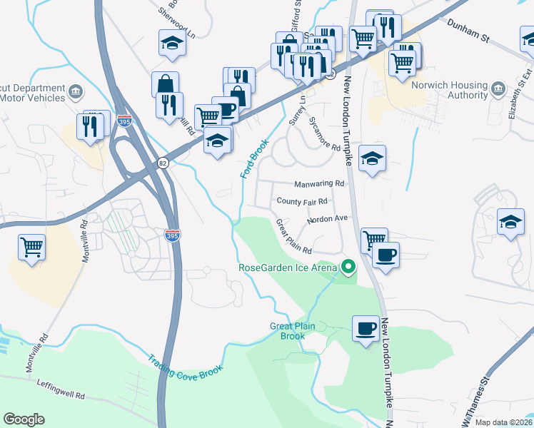 map of restaurants, bars, coffee shops, grocery stores, and more near 64 Great Plain Road in Norwich