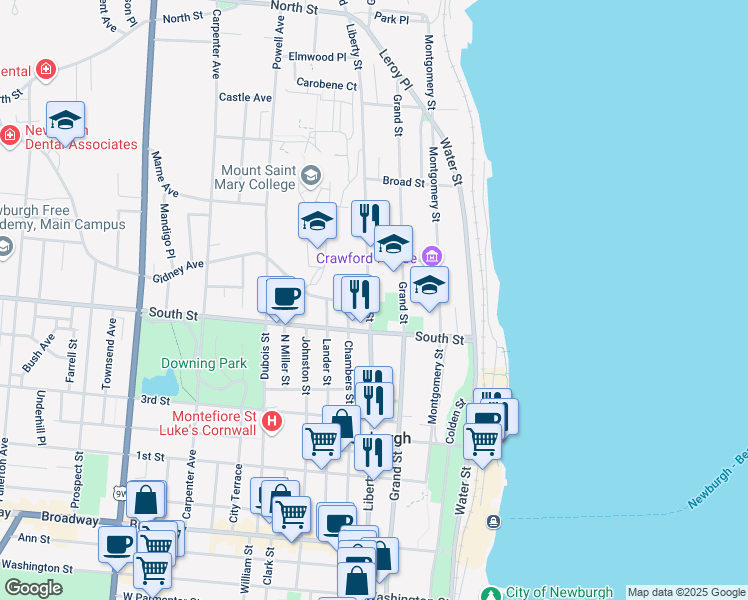 map of restaurants, bars, coffee shops, grocery stores, and more near 326 Liberty Street in Newburgh