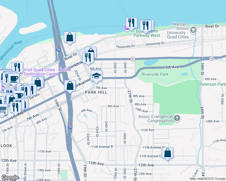 map of restaurants, bars, coffee shops, grocery stores, and more near 705 25th Street in Moline