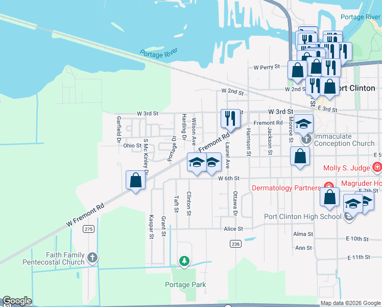 map of restaurants, bars, coffee shops, grocery stores, and more near 606 Fremont Road in Port Clinton