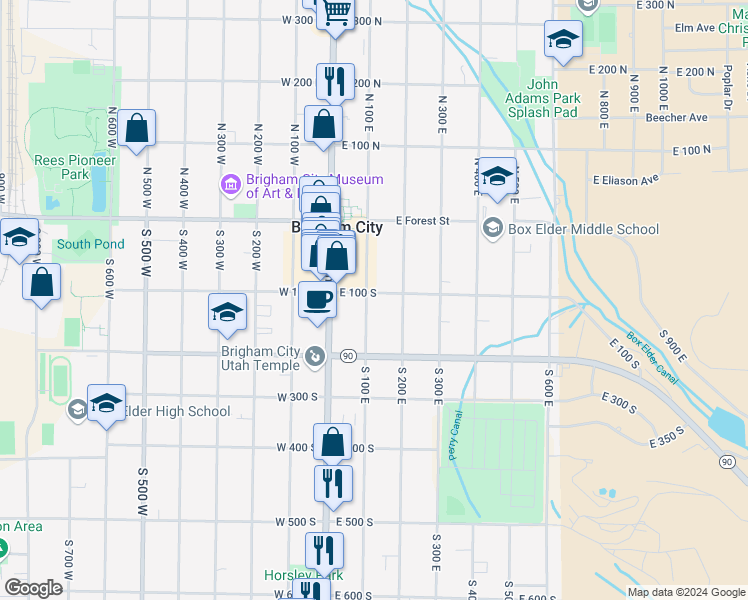 map of restaurants, bars, coffee shops, grocery stores, and more near 105 South 100 East in Brigham City