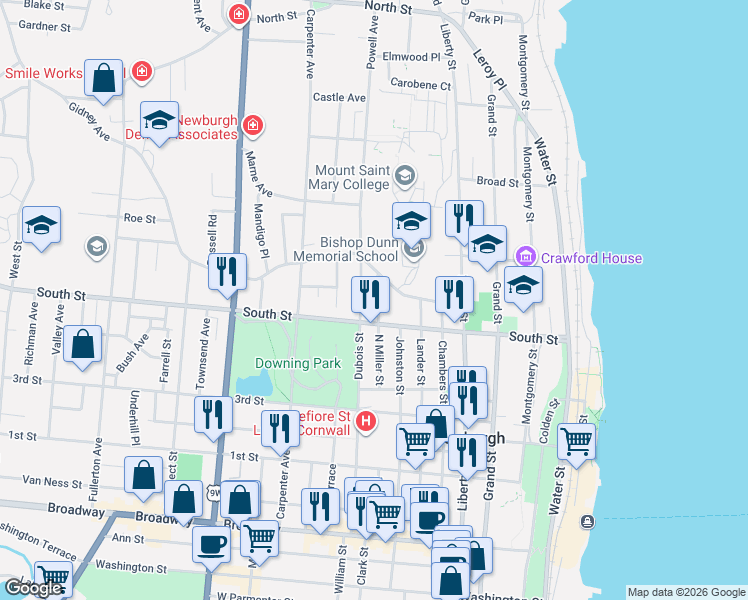 map of restaurants, bars, coffee shops, grocery stores, and more near 197 North Miller Street in Newburgh
