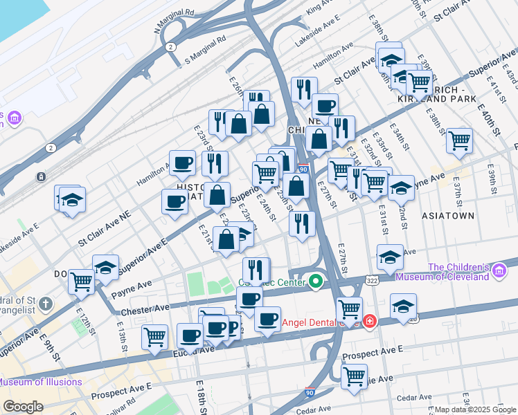 map of restaurants, bars, coffee shops, grocery stores, and more near 1542 East 24th Street in Cleveland