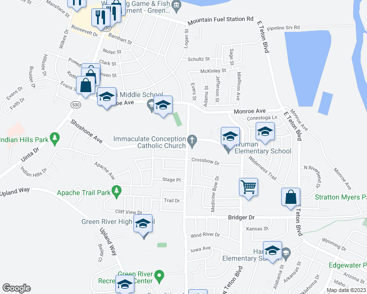 map of restaurants, bars, coffee shops, grocery stores, and more near 395 Anvil Drive in Green River