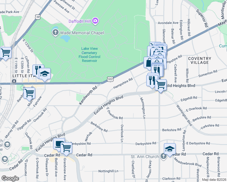 map of restaurants, bars, coffee shops, grocery stores, and more near 2614 Hampshire Road in Cleveland Heights