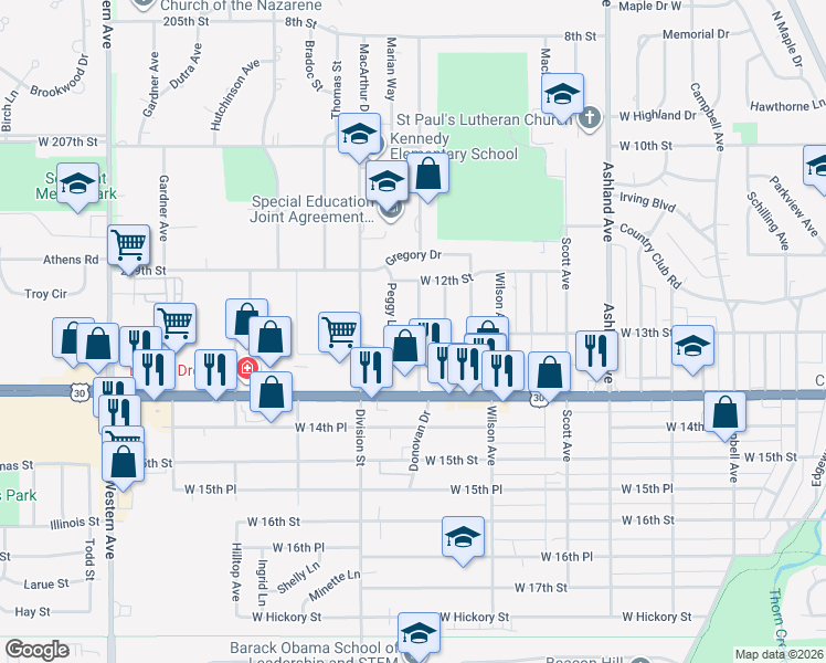 map of restaurants, bars, coffee shops, grocery stores, and more near 1248 Damico Drive in Chicago Heights