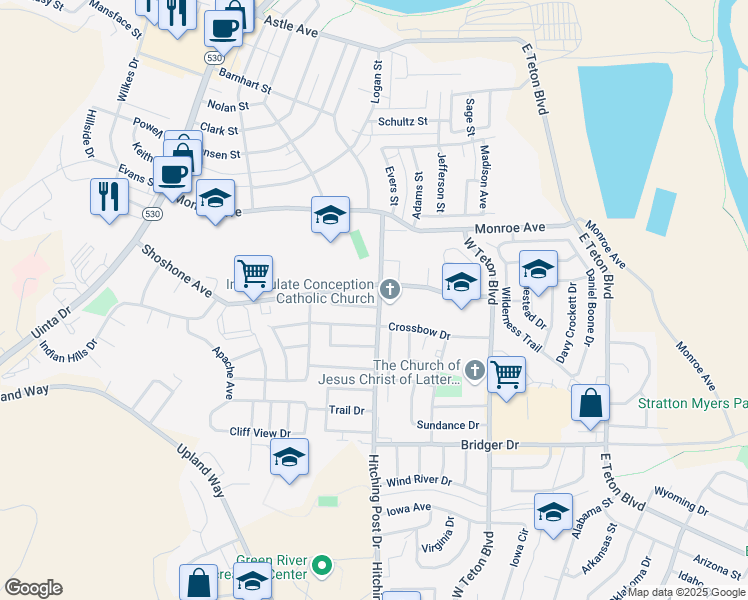 map of restaurants, bars, coffee shops, grocery stores, and more near 395 Anvil Drive in Green River