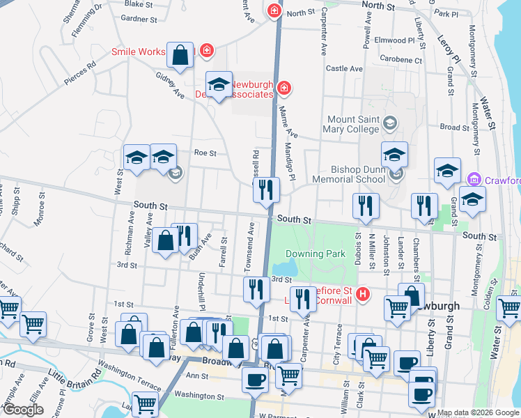 map of restaurants, bars, coffee shops, grocery stores, and more near 189 Robinson Avenue in Newburgh