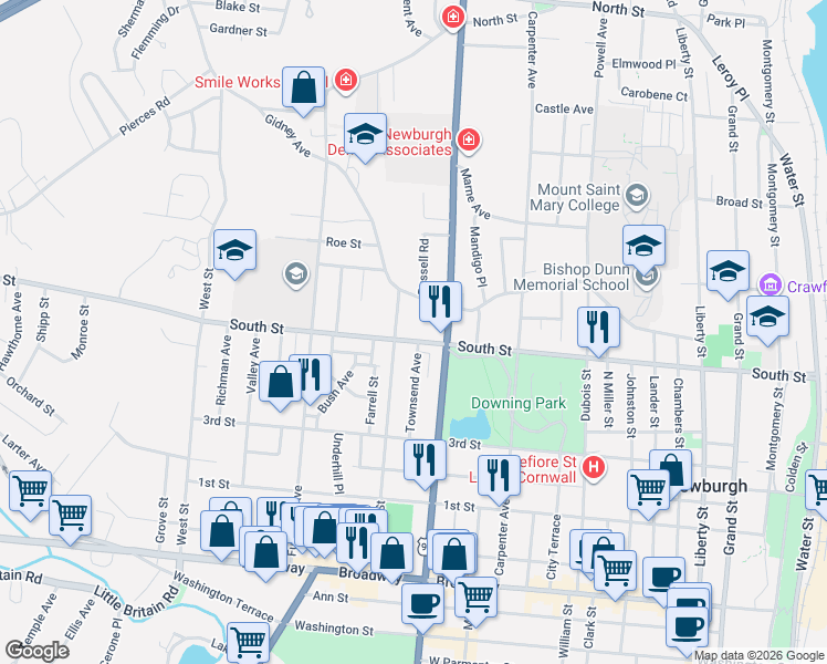 map of restaurants, bars, coffee shops, grocery stores, and more near 332 South Street in Newburgh