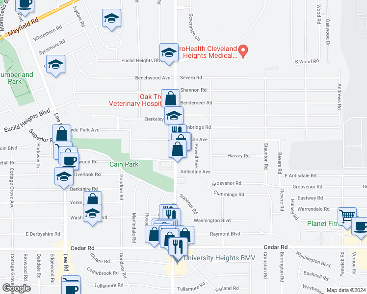 map of restaurants, bars, coffee shops, grocery stores, and more near 1899 South Taylor Road in Cleveland Heights