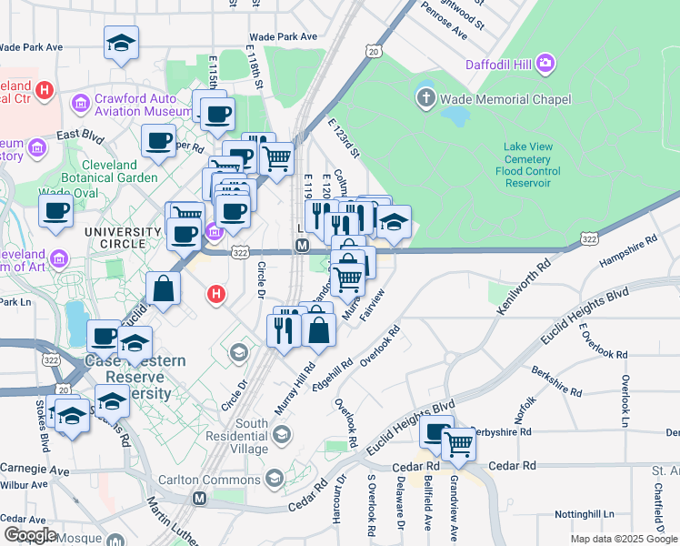 map of restaurants, bars, coffee shops, grocery stores, and more near 2025 Random Road in Cleveland