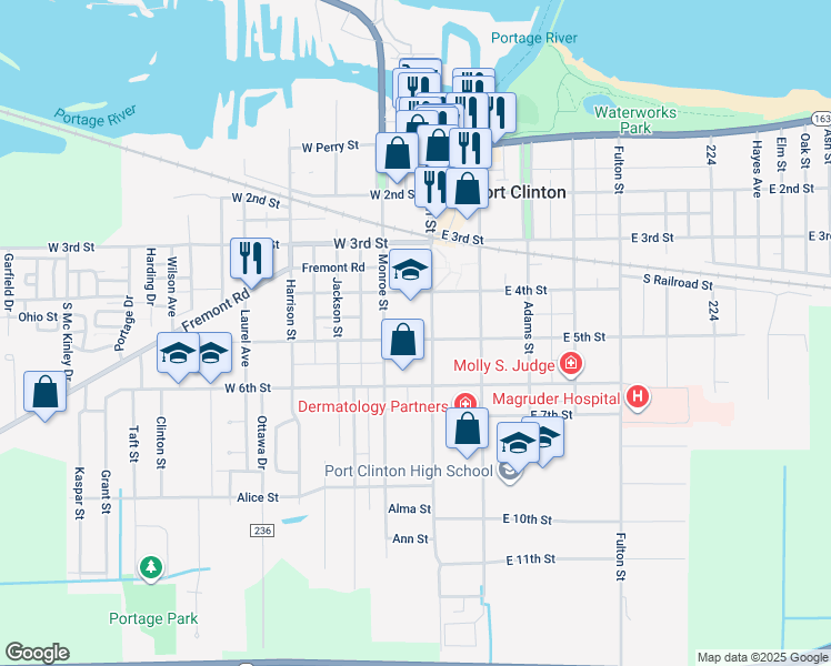 map of restaurants, bars, coffee shops, grocery stores, and more near 424 Madison Street in Port Clinton