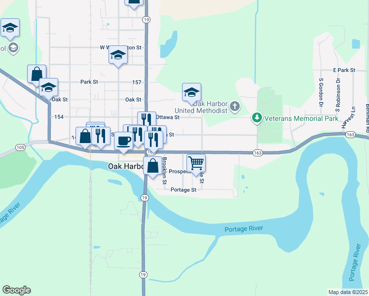 map of restaurants, bars, coffee shops, grocery stores, and more near 162 East Water Street in Oak Harbor