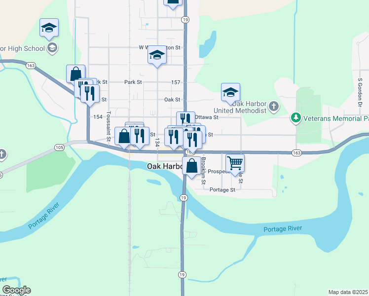 map of restaurants, bars, coffee shops, grocery stores, and more near 115 East Water Street in Oak Harbor