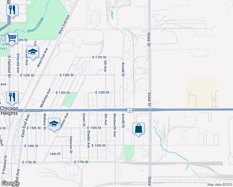 map of restaurants, bars, coffee shops, grocery stores, and more near 1231 Wentworth Avenue in Chicago Heights