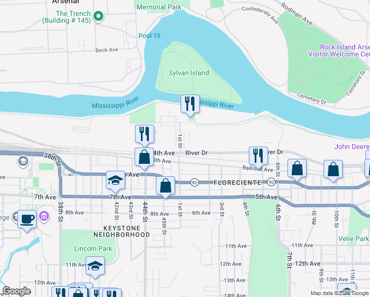 map of restaurants, bars, coffee shops, grocery stores, and more near 101 River Drive in Moline