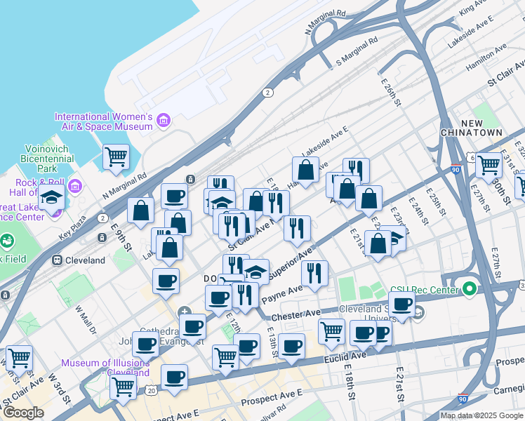 map of restaurants, bars, coffee shops, grocery stores, and more near 1296e East 17th Street in Cleveland