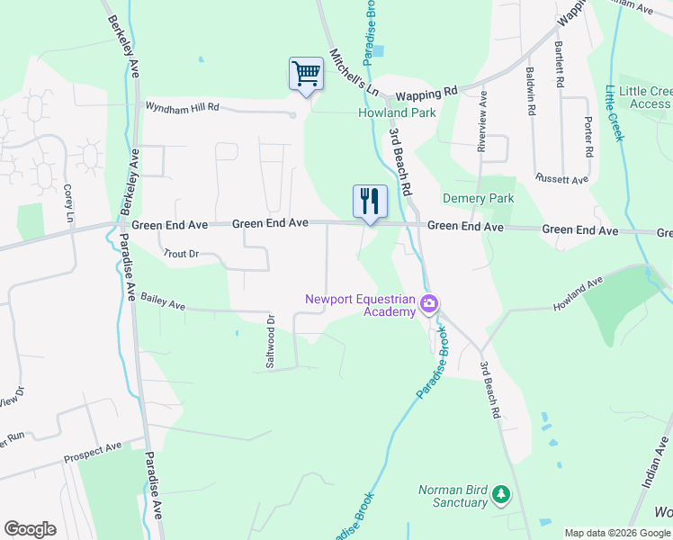 map of restaurants, bars, coffee shops, grocery stores, and more near 60 Sachuest Way in Middletown