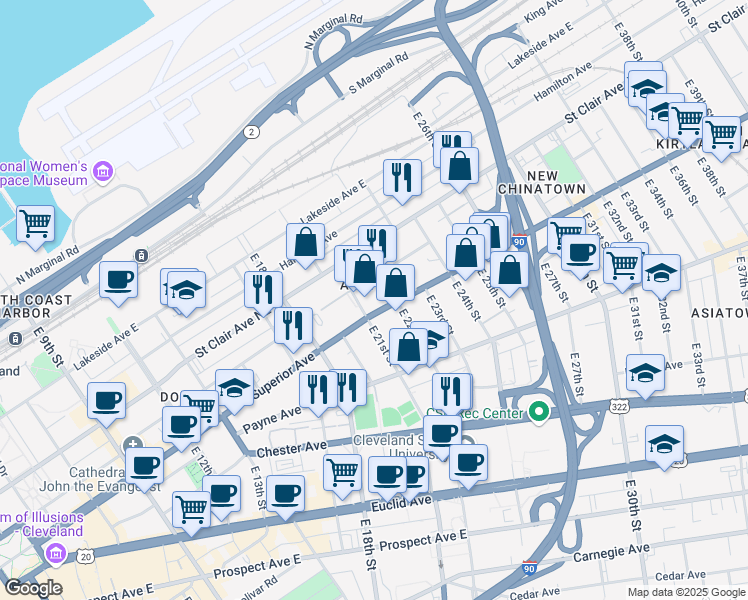 map of restaurants, bars, coffee shops, grocery stores, and more near 2125 Superior Avenue in Cleveland