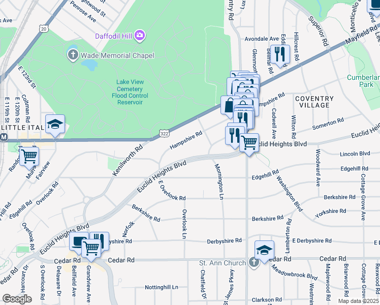 map of restaurants, bars, coffee shops, grocery stores, and more near 2669 Euclid Heights Boulevard in Cleveland