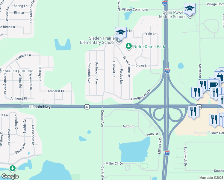 map of restaurants, bars, coffee shops, grocery stores, and more near 1000 Harvard Lane in Matteson