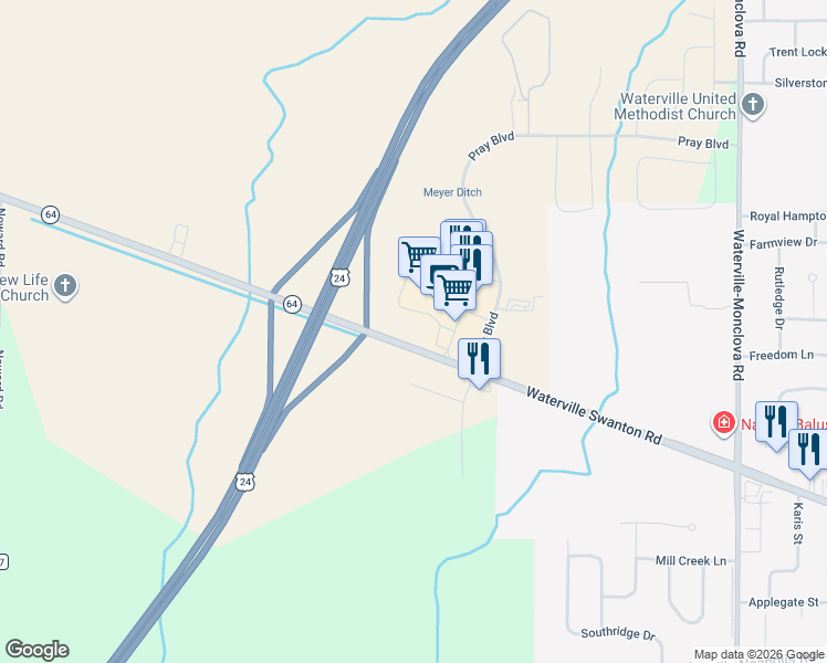 map of restaurants, bars, coffee shops, grocery stores, and more near 8418 Waterville Swanton Road in Waterville