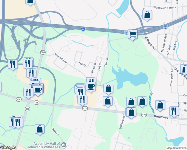 map of restaurants, bars, coffee shops, grocery stores, and more near 4 Hob Street in Newburgh