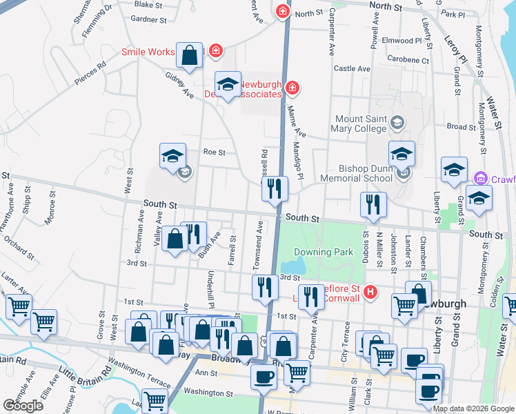 map of restaurants, bars, coffee shops, grocery stores, and more near 332 South Street in Newburgh