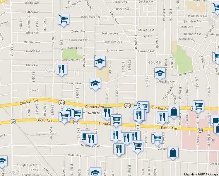 map of restaurants, bars, coffee shops, grocery stores, and more near 1857 East 73rd Street in Cleveland