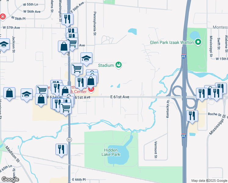 map of restaurants, bars, coffee shops, grocery stores, and more near 6091 Maryland Street in Merrillville