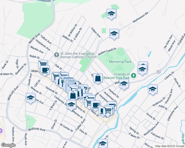 map of restaurants, bars, coffee shops, grocery stores, and more near 71 Kent Street in Beacon