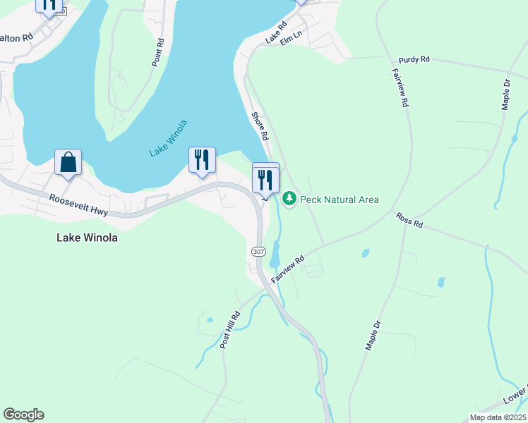 map of restaurants, bars, coffee shops, grocery stores, and more near 1370 Pennsylvania 307 in Factoryville