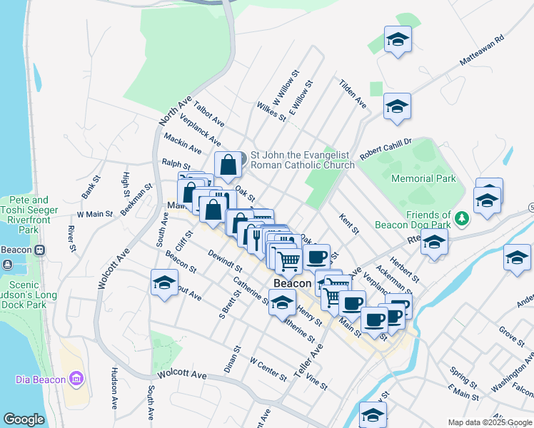 map of restaurants, bars, coffee shops, grocery stores, and more near 25 North Walnut Street in Beacon
