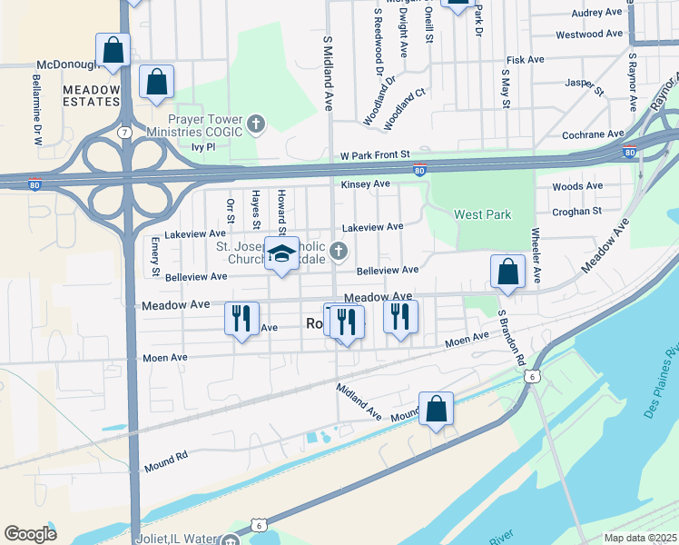 map of restaurants, bars, coffee shops, grocery stores, and more near Belleview Avenue in Joliet