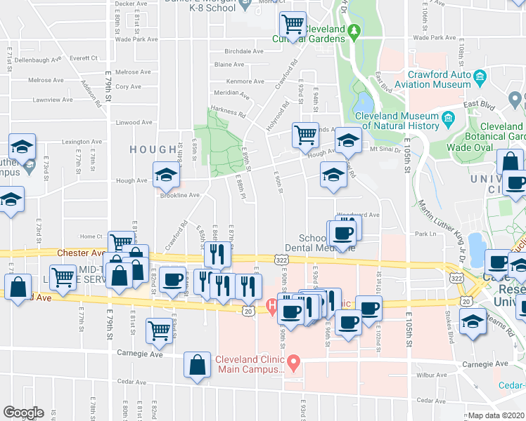 map of restaurants, bars, coffee shops, grocery stores, and more near 1815 East 89th Street in Cleveland