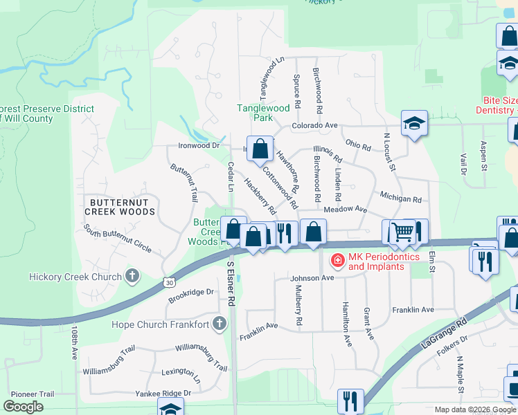 map of restaurants, bars, coffee shops, grocery stores, and more near 452 Hackberry Road in Frankfort