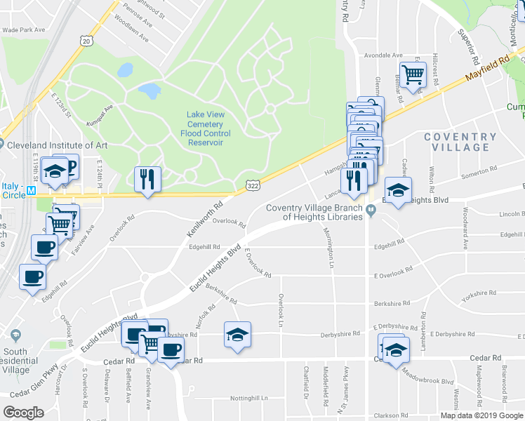 map of restaurants, bars, coffee shops, grocery stores, and more near 2614 Hampshire Road in Cleveland Heights