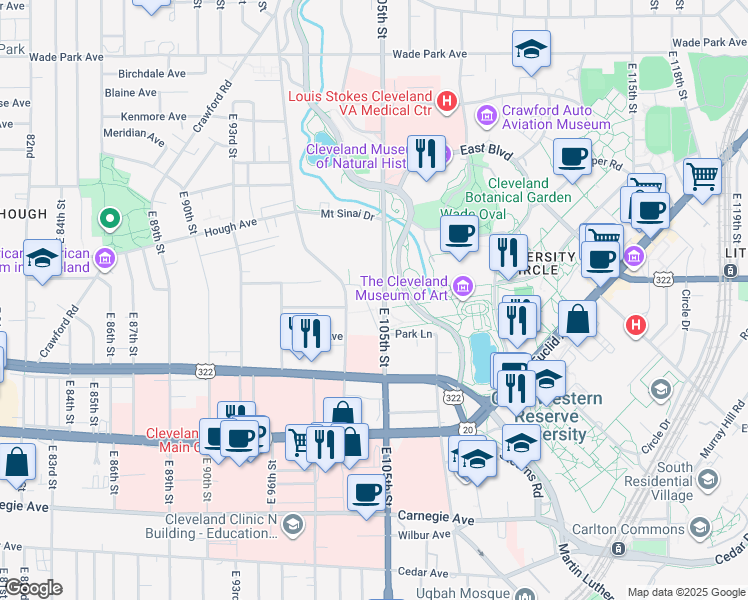 map of restaurants, bars, coffee shops, grocery stores, and more near 1855 Ansel Road in Cleveland