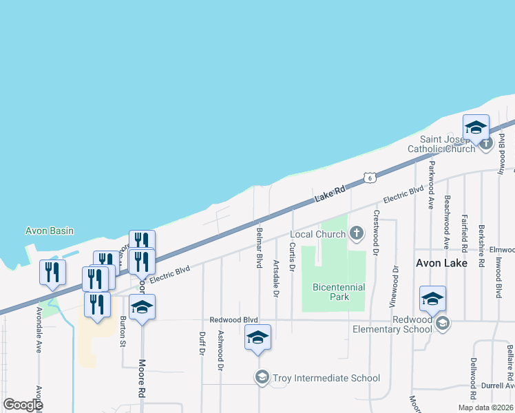 map of restaurants, bars, coffee shops, grocery stores, and more near 87 Rosewood Dr in Avon Lake