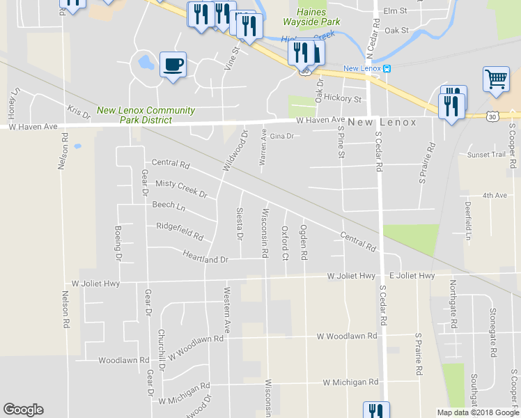 map of restaurants, bars, coffee shops, grocery stores, and more near 401 Wisconsin Road in New Lenox