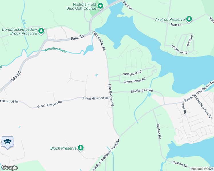 map of restaurants, bars, coffee shops, grocery stores, and more near 43 Falls Bashan Road in East Haddam